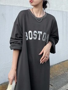FRIFUL Women's Round Neck Thermal Lined Loose Letter Print Contrast Color Decor Fishtail Hem Long Dress - Grey - View 5