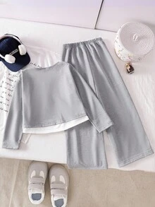 Genkimix Kids 少女韩版活力二合一长袖上衣和阔腿裤休闲两件套 - 灰色 - 查看 2