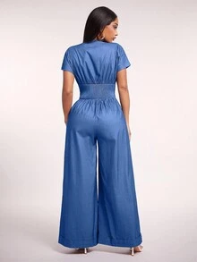 Radiana Women's Sexy Casual Denim Effect V-Neck Jumpsuit, Loose Wide Leg Pants Button Down Jumpsuit V Neck Jumpsuit Wide Leg Jumpsuit - Blue - View 3