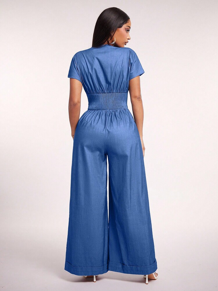 Radiana 女士性感休闲牛仔效果V领连体裤，宽松阔腿裤 - 藍色 - 查看 3