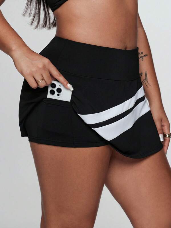Rhythm Era Plus Size Women's Colorblock High Waist A-Line Sports Skirt With Shorts And Pockets, Suitable For Casual Wear, Running, Yoga, Gym, Tennis
