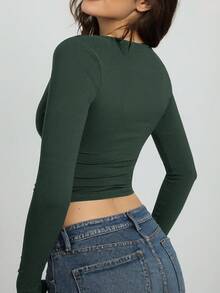 女士时尚性感纯色深V领修身短款T恤 - 綠色 - 查看 2