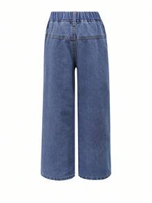 Denimly Young Girl 寬腿藍色牛仔褲 1件裝，夏季甜美清爽學院風，附3D粉色蝴蝶結裝飾，寬鬆舒適休閒長褲 - 藍色 - 查看 2