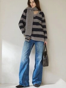 Aveloria Modichic Contrast Stripe V-Neck Pullover Sweater + Soft Loose Scarf, Slimming Casual Sweater Set - Multicolor - View 5