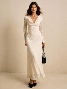 Poéselle 女士优雅通勤纯色提花垂坠领喇叭袖连衣裙 - 杏色 - 查看 8