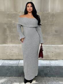 Firerie Vestido de suéter de manga larga con hombros descubiertos y unicolor para tallas grandes - Gris - Ver 1