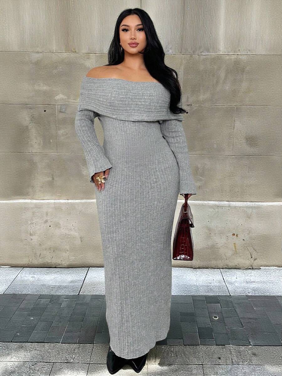 Firerie Vestido de suéter de manga larga con hombros descubiertos y unicolor para tallas grandes - Gris - Ver 1