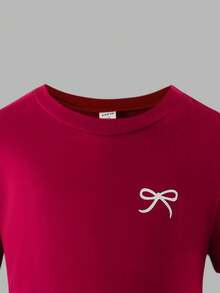 Sparklyn 女孩秋冬两件套，酒红色可爱蝴蝶结印花长袖 T 恤 + 刺绣蝴蝶结牛仔裤休闲装，适合日常、旅行、度假、万圣节 - 酒紅色 - 查看 5