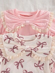 SHEIN 4 件套女婴秋季新款服装，包括蝴蝶结领荷叶边装饰长袖 T 恤和蝴蝶印花喇叭裤，纯粉色，休闲时尚，适合居家、外出、通勤 - 彩色 - 查看 7