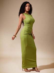 Vixey One Shoulder Draped Sash Detail Solid Knit Maxi Dress, Wedding Guest Dress - Green - View 5