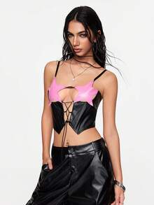 ROMWE Street Life Top ajustado de contraste de color con diseño asimétrico y cordones de encaje sexy para mujeres - Negro - Ver 8