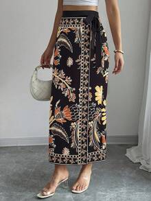 Elenzga 女士优雅通勤花卉印花系带裹身裙 - 彩色 - 查看 4