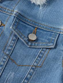 SHEIN 2pcs Young Boy Blue Denim Thermal Lined Jacket With Collar And Elastic Skinny Pants Set, Autumn/Winter Fall