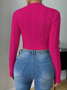 EMERY ROSE Women's Autumn Cable Cable Pattern Crew Neck Long Sleeve Cropped Fitted Sweater Fall Winter Cloth For Women - Hot Pink - View 2
