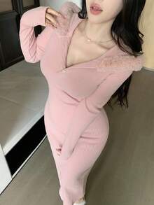 DAZY 秋冬纹理条纹羊毛毛领拼布连帽卫衣裙，性感高开叉修身中长连衣裙，粉色 - 粉色 - 查看 2