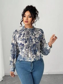 Elenzga 女士加大码纯色领休闲衬衫，时尚日常穿着 - 藍色 - 查看 5