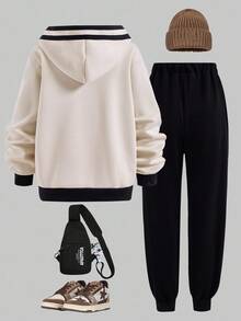 SHEIN Casuvi Kids 1 Set Teenage Boys Casual Minimalist Style Beige & Black Hoodie Sweatshirt With Black Pants, Regular Thickness, Everyday Wear, Autumn Fall Winter