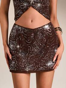 Avantive Women's Dark Brown Summer Seductive Night Out Skirt Set,Glittering Sequins Birthday Party Outfit, Y2K Western Wear,Wedding Guest Cocktail Formal - Brown - View 4