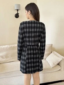 2 件套青少年女孩优雅甜美黑色长袖上衣夹克和连衣裙套装格子连衣裙格纹连衣裙学院风连衣裙粗花呢连衣裙女士休闲连衣裙 - 黑色 - 查看 2