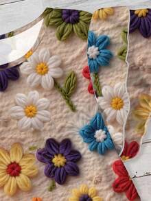 EMERY ROSE 大码女装日常休闲优雅复古假日风格热带仿羊毛花卉复古图案圆领双层盖袖宽松衬衫，女式夏装 - 彩色 - 查看 4