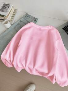 SHEIN EZwear 大码草莓印花休闲简约宽松加厚圆领长袖女式卫衣，粉色草莓图案卫衣，秋冬季可爱草莓水果卫衣 - 粉色 - 查看 2