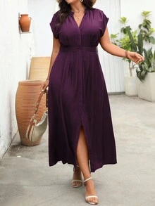 Vionelle 大码女式法式度假沙滩裙，V 领纽扣式落肩袖，腰带，超长款，适合通勤，春夏季 - 紫紅色 - 查看 1
