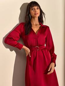 CLARA VERO Solid Color, Long Sleeve, Belted, V-Neck, Long Dress - Red - View 6