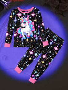 2 件套幼儿女童可爱独角兽印花彩色星星亮灯圆领针织睡衣套装，舒适休闲紧身长袖上衣和裤子，黑色 - 彩色 - 查看 5