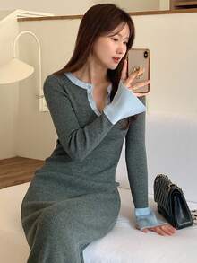 DAZY 女式复古时尚修身长袖撞色纽扣半开襟针织连衣裙女式毛衣裙 - 灰色 - 查看 4