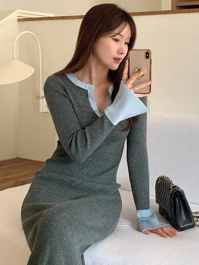DAZY 女式复古时尚修身长袖撞色纽扣半开襟针织连衣裙女式毛衣裙