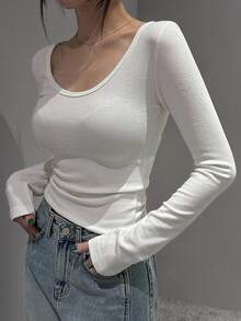 DAZY Áo ba lỗ cơ bản ôm vừa vặn, thoải mái, tay dài - trắng - Xem 5
