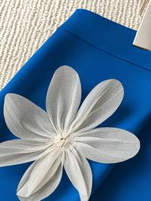 Flirla 大码女式 3D 花卉装饰立领黑色纯色上衣搭配高腰 A 字形 3D 花卉装饰迷你裙优雅 2 件套 - 水鴨藍 - 查看 4