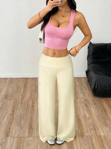 SHEIN EZwear Women's Loose Fit Wide Leg Casual Pants, Light Yellow - Light Yellow - View 5