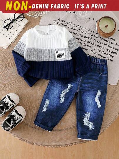 SHEIN Vintaside Kids Conjunto de 2 piezas para bebé niño: Parte superior de manga larga con bloque de color y estampado de letras + Pantalones azules de aspecto de mezclilla sintética, adecuado para primavera y otoño