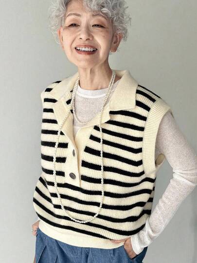 FRIFUL 女式杏色和黑色条纹领口宽松休闲百搭多层针织背心，适合社交场合的时尚秋季服装