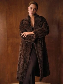MOTF PREMIUM SOLID LAPEL COLLAR SLANT POCKET DOUBLE BUTTON PLACKET FAUX FUR COAT , FALL WINTER - Coffee Brown - View 8