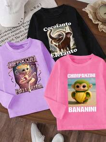 3 Stücke Lässig Mode Süße Cartoon Lustige Cappuccino Ballerina Tänzer Langarm T-Shirts für Kleine Mädchen, mit Kokosnuss Elefant, Bananen Gorilla, Cappuccino Ballerina Tänzer Motiven, Rundhals Langarm T-Shirts in Rosa, Lila und Schwarz für Herbst/Winter - Verschiedenfarbig - Übersicht 3