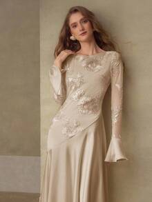 MOTF PREMIUM EMBROIDERY CONTRAST MESH DRESS - Khaki - View 5