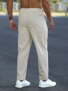 Manfinity Homme Men's Solid Color Drawstring Waist Pocket Straight Leg Casual Pants, For Fall - Beige - View 2