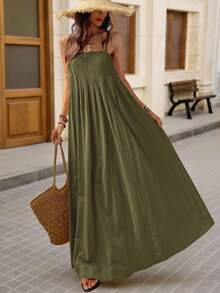 SHEIN VCAY 女士宽松纯色梭织连衣裙，适合春夏季度假 - 綠色 - 查看 5