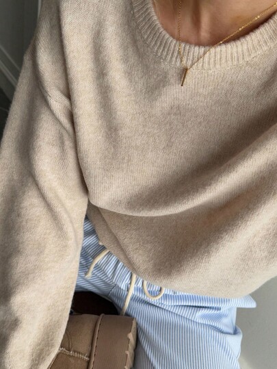 Livesso كنزة صوفية نسائية بياقة دائرية فضفاضة وكاجوال بسيطة أساسية جديدة للخريف/الشتاء