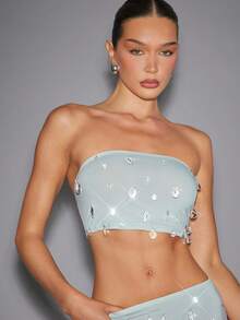 Hauture 女款 Y2K 水钻装饰短款修身性感抹胸上衣 - 霧霾藍 - 查看 4