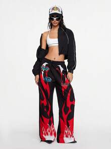 ROMWE Street Life 女款街头风格赛车赛博朋克荆棘火焰徽章降落伞裤 - 黑色 - 查看 1
