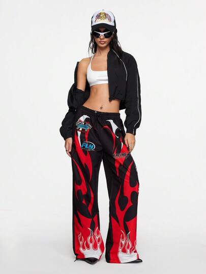 Street Life Women's Street Style Racing Cyberpunk Thorns Flame Badge Parachute Pants