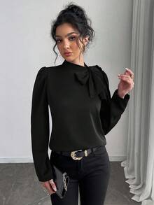 SHEIN Raffinéa 女士纯色优雅百搭系带领泡泡袖衬衫 - 黑色 - 查看 4