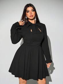 Viva Relle 大码女式纯色镂空领系腰连衣裙，秋季，派对 - 黑色 - 查看 6