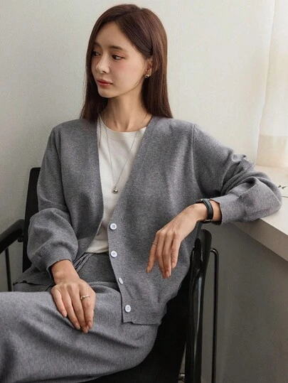DAZY 女士宽松商务休闲装，拼色针织毛衣和直筒裤套装，适合秋冬季办公室穿着