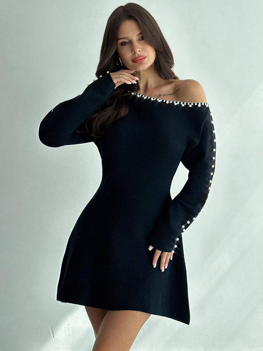 Firerie Women's Black Pearl Beaded Asymmetric Collar Long Sleeve Cinched Waist A-Line Short Sweater Dress, Sexy & Elegant For Daily Commute In Fall/Winter