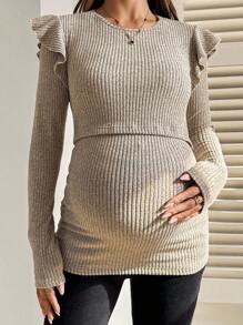 SHEIN 秋装，秋季服装，孕妇装 秋季服装 孕妇休闲纯色荷叶袖哺乳上衣 孕妇装 长袖孕妇上衣 米色孕妇上衣 罗纹孕妇上衣 哺乳孕妇上衣 哺乳服 孕妇衬衫 产后服装 孕妇上衣 孕妇衬衫 - 杏色 - 查看 5