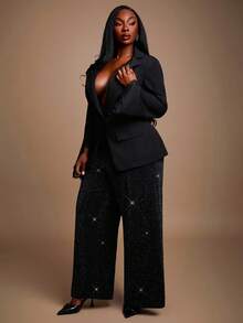 SHEIN SXY Plus Size Women's Elegant Shiny High-Waisted Straight Leg Black Dress Pants, Suitable For Party In Autumn & Winter